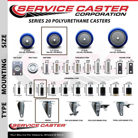 Service Caster 3.5'' SS Blue Poly Wheel Swivel 1'' Expanding Stem Caster SCC-SSEX20S3514-PPUB-BLUE-1